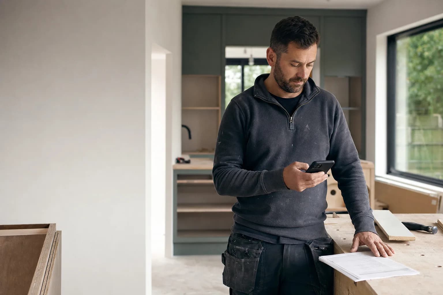 A tradesperson using Docket on a phone at a renovation job